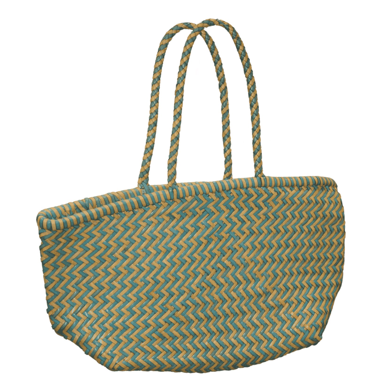 Turquoise & Natural Herringbone Woven Tote Bag