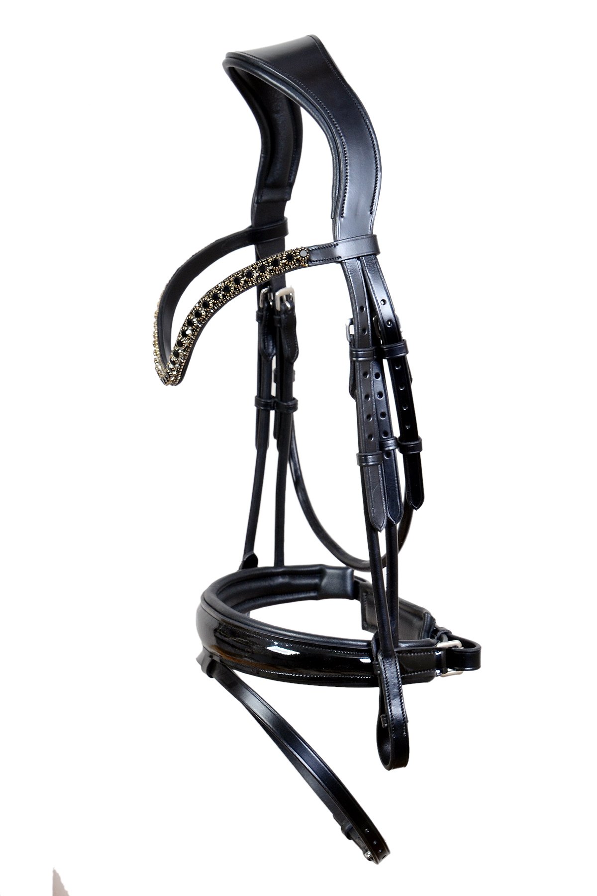Black Patent Anatomical Bridle with Gold Crystal Browband