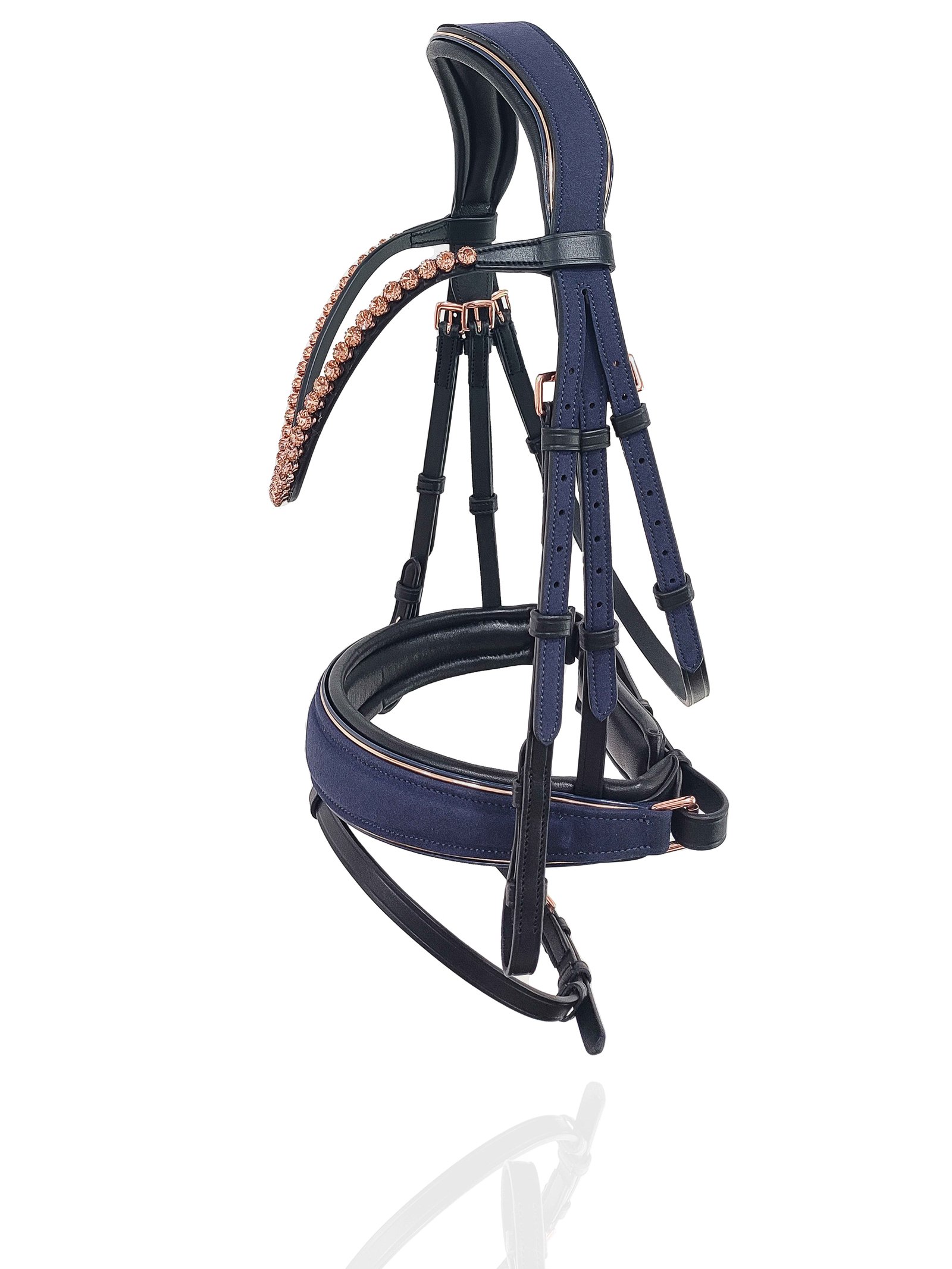 Royal Navy Suede Anatomical Bridle with Rose Gold Accents