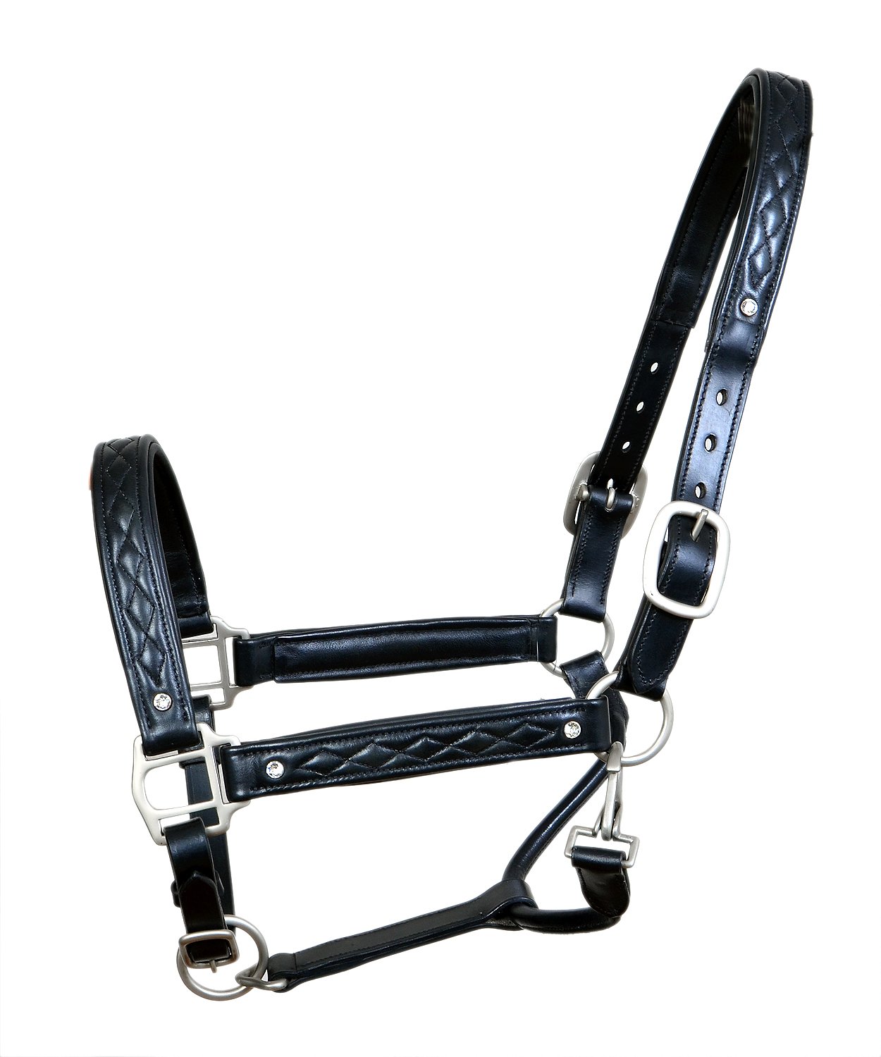 Quilted Black Leather Horse Halter with Silver Hardware