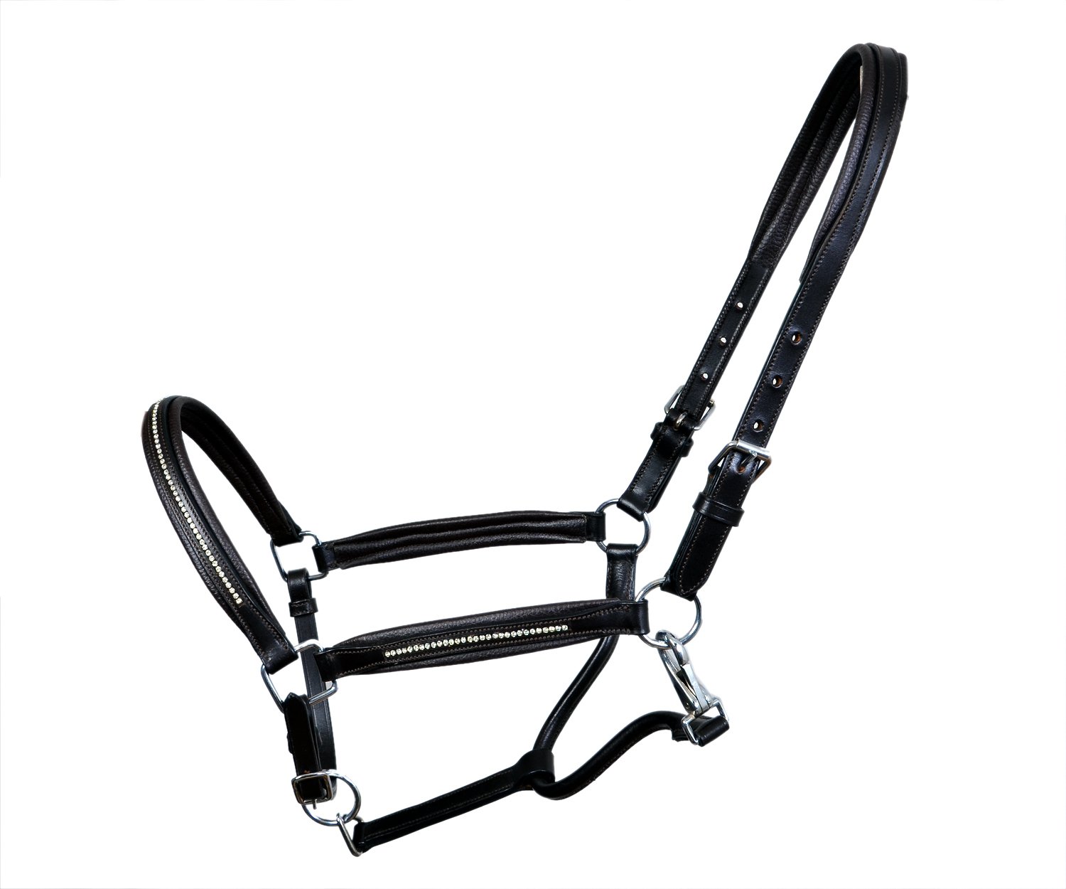 Elegant Black Leather Halter with Crystal Accents