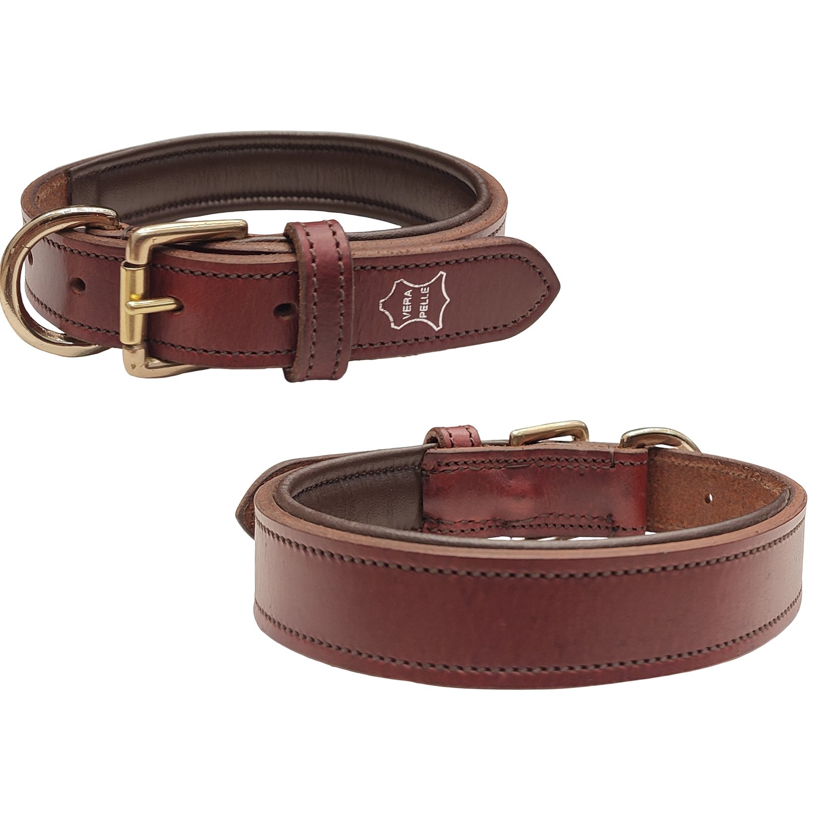 lassic Rustic Brown Leather Dog Collar with "Vera Pelle" Branding