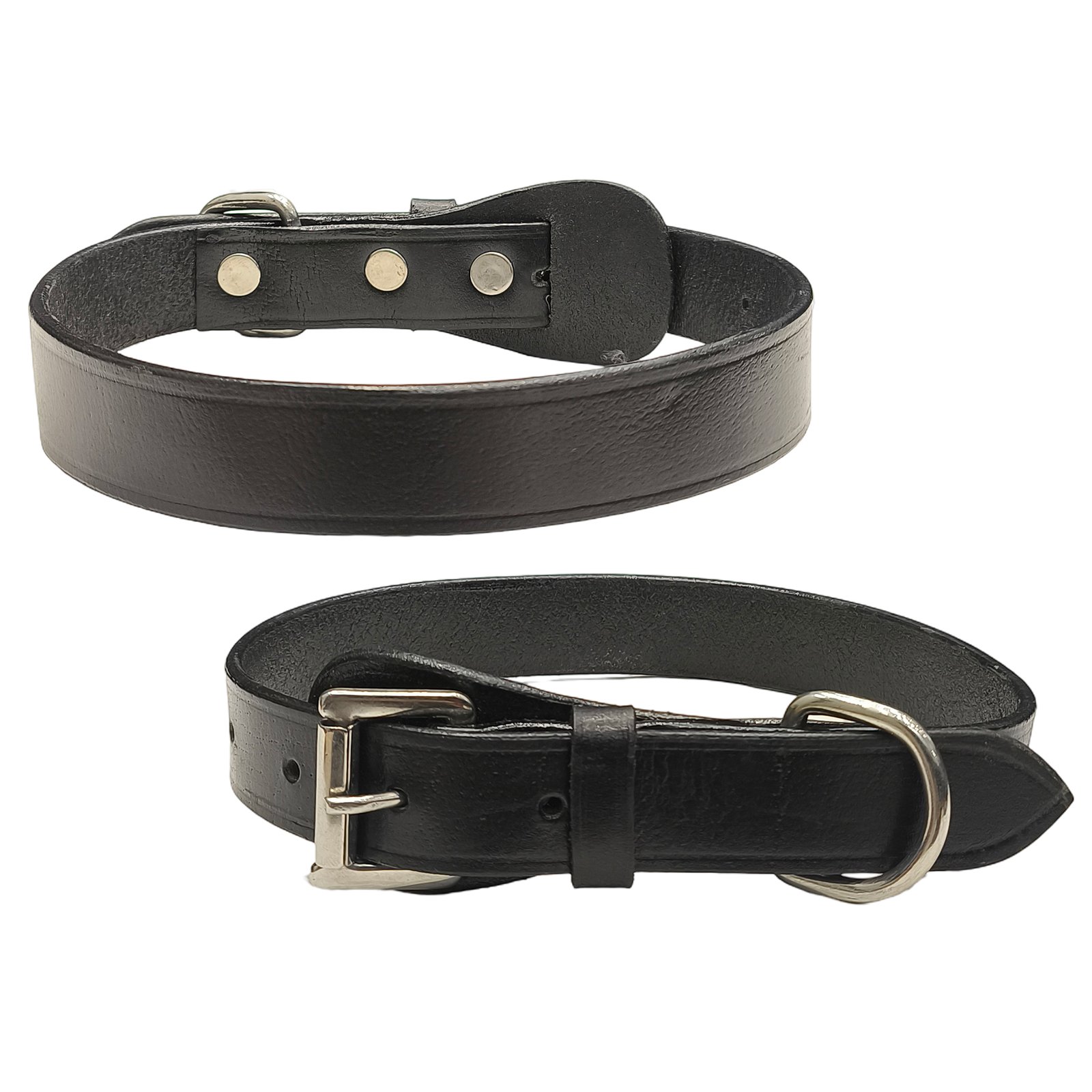 Classic Black Leather Dog Collar with Heavy-Duty Silver-Tone Hardware