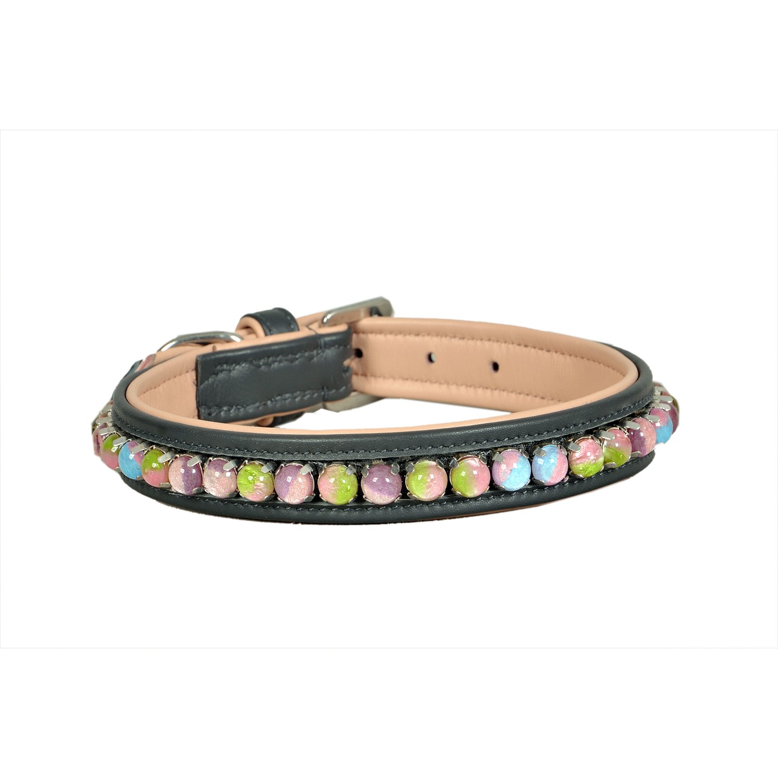 Black Leather Dog Collar with Pastel Rainbow & Rhinestone Bead Trim