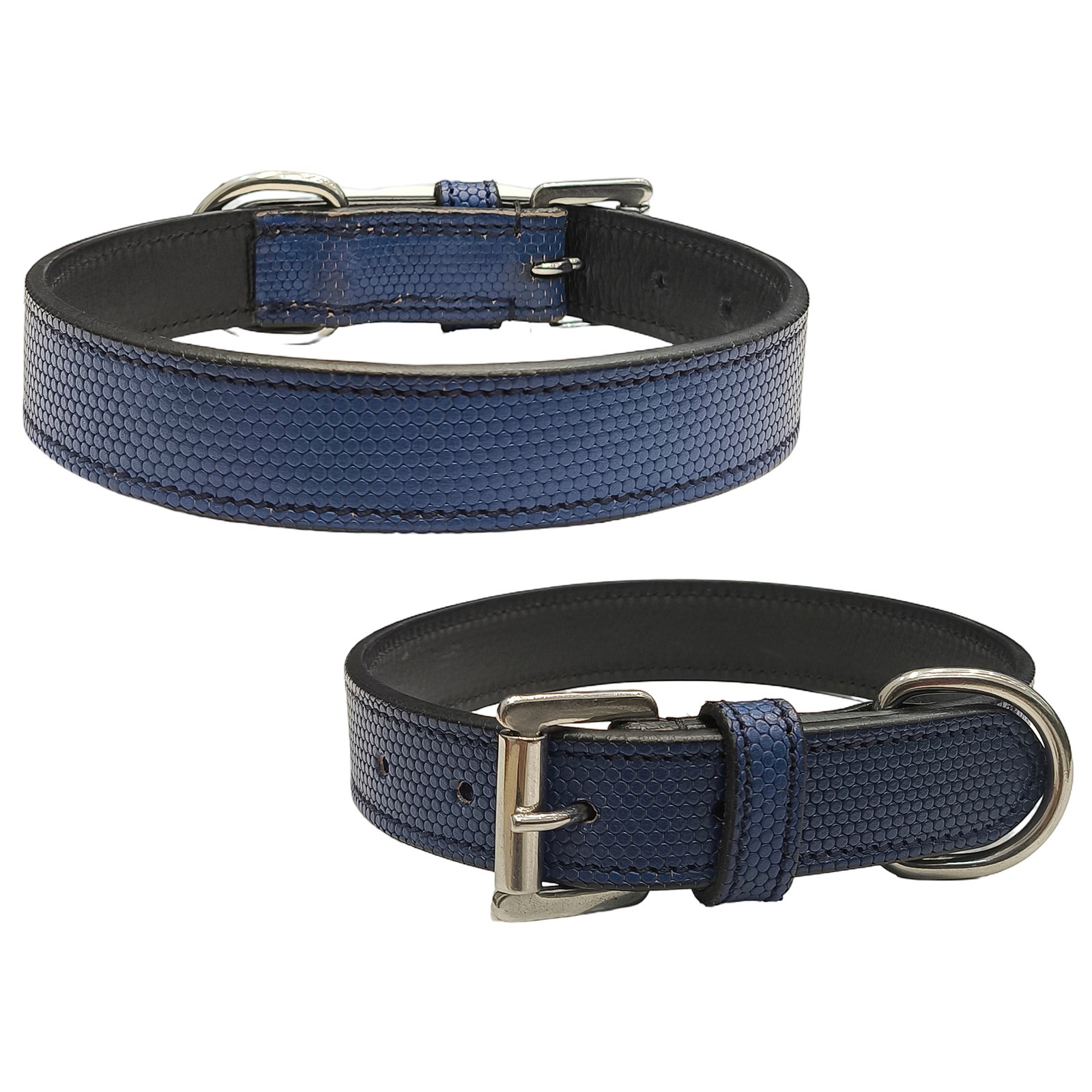 Navy Blue Lizard-Print Leather Dog Collar with Silver-Tone Hardware