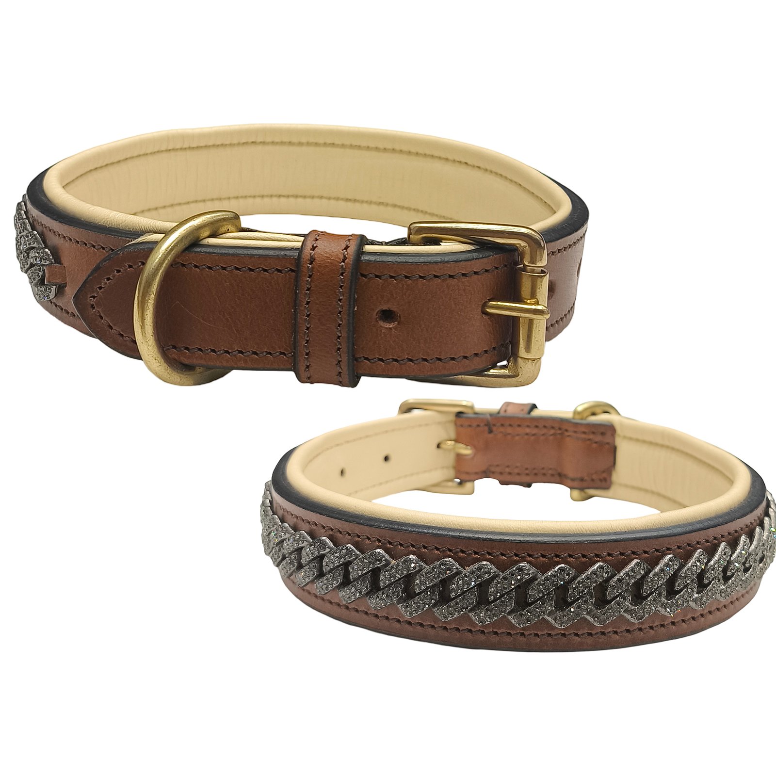Classic Brown Leather Dog Collar with Rhinestone Chevron Trim