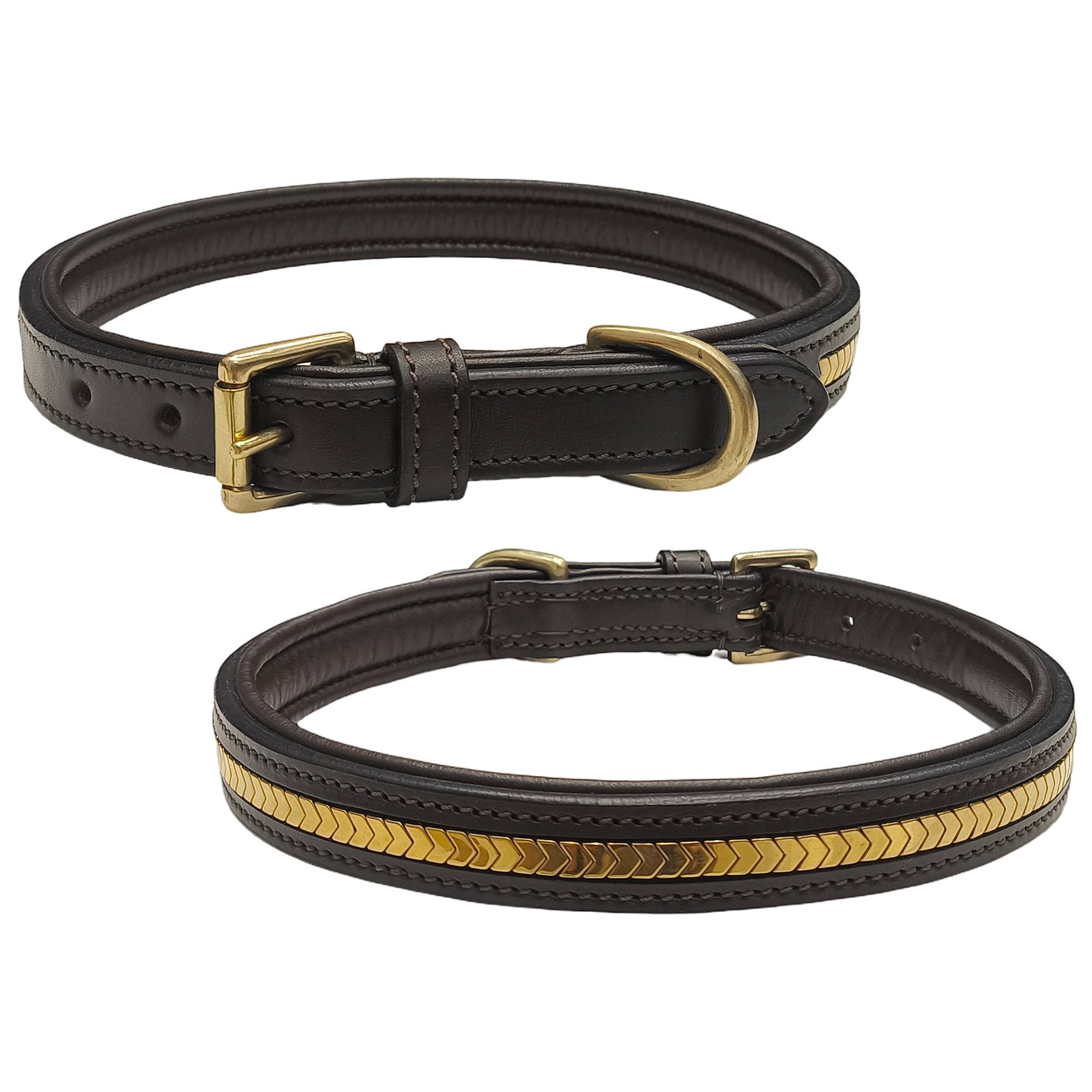 Classic Brown Leather Dog Collar with Gold Chevron Trim
