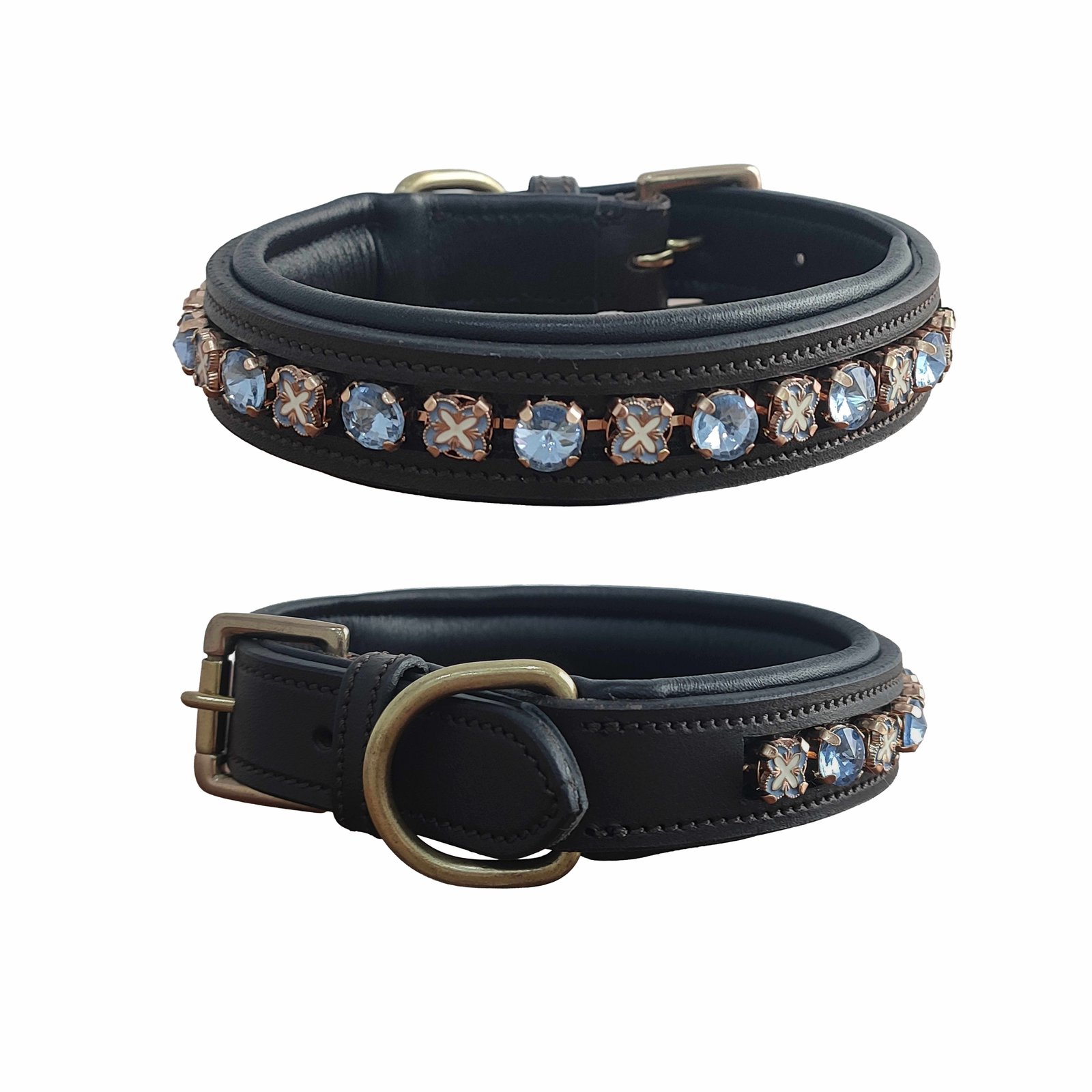 Royal Blue & Crystal Padded Leather Dog Collar
