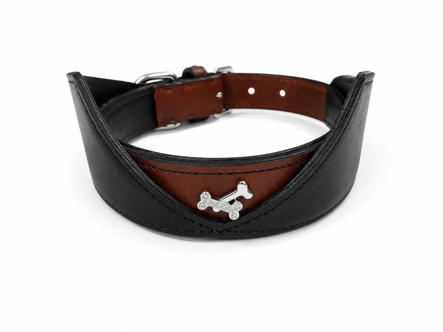 Artisan Two-Tone Leather Dog Collar with Rhinestone Bone Emblem