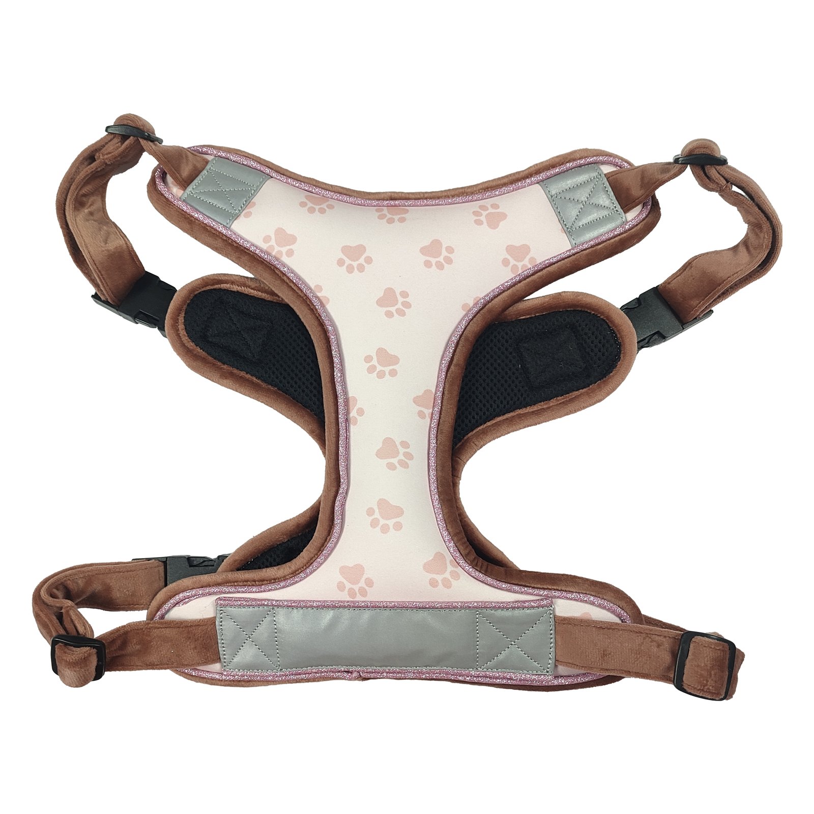 Pink Paw Print Plush Trim Reflective Dog Harness