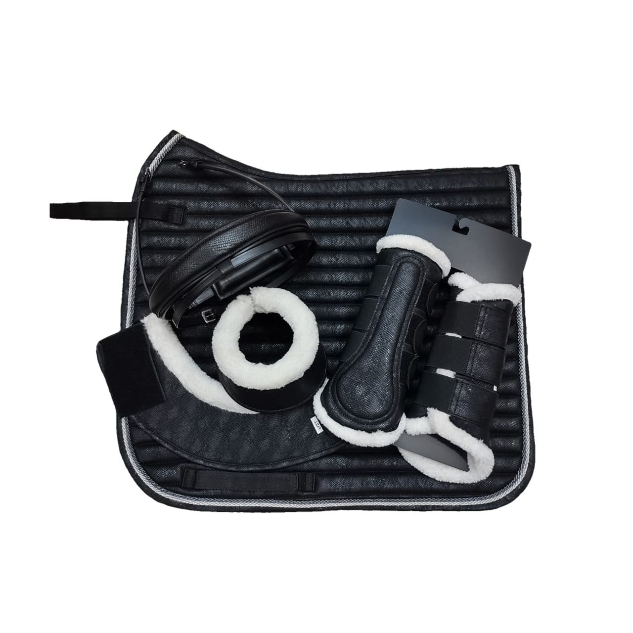 Stylish Black Ribbed Saddle Pad with Matching Protective Tack Set