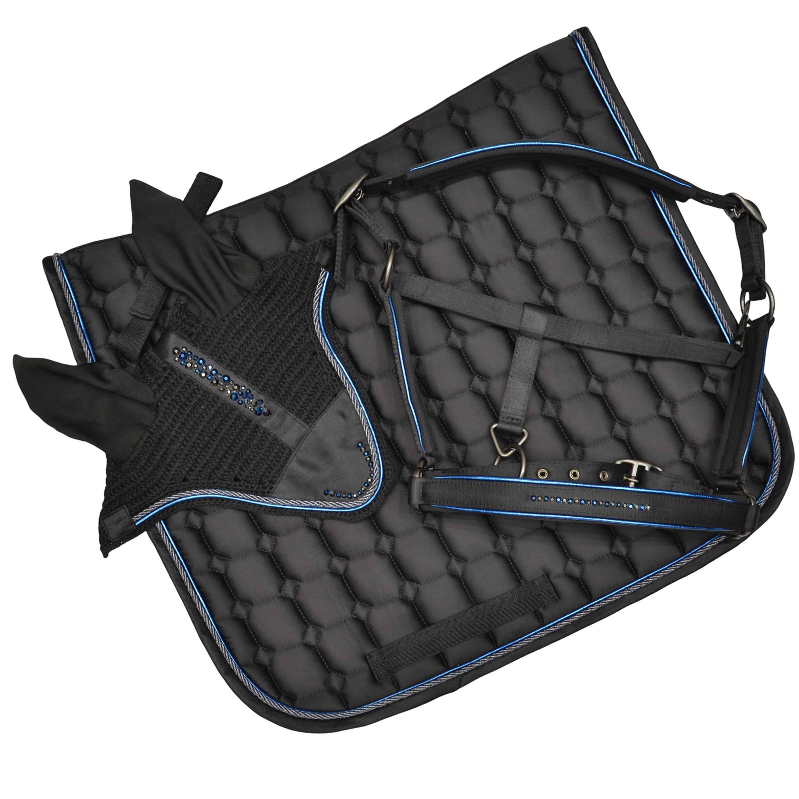 Black Quilted Saddle Pad with Blue and Silver Rope Trim
